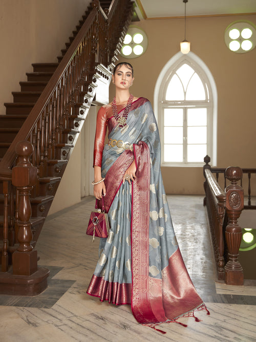 Dista Elora Grey Organza Silk Jacquard Designer Saree for Women