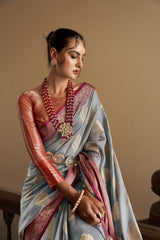 Dista Elora Grey Organza Silk Jacquard Designer Saree for Women, view 2