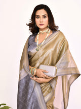 Dista Elora Grey Plain Banarasi Tissue Silk Weaving Saree, view 5