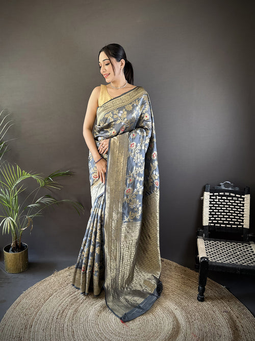 Dista Elora Grey Soft Banarasi Silk Floral & Ethnic Motifs Meenakari Zari Weaving Banarasi Saree
