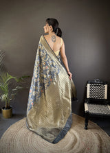 Dista Elora Grey Soft Banarasi Silk Floral & Ethnic Motifs Meenakari Zari Weaving Banarasi Saree, view 2