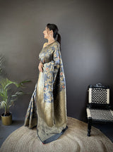 Dista Elora Grey Soft Banarasi Silk Floral & Ethnic Motifs Meenakari Zari Weaving Banarasi Saree, view 3