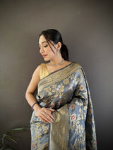 Dista Elora Grey Soft Banarasi Silk Floral & Ethnic Motifs Meenakari Zari Weaving Banarasi Saree, view 4