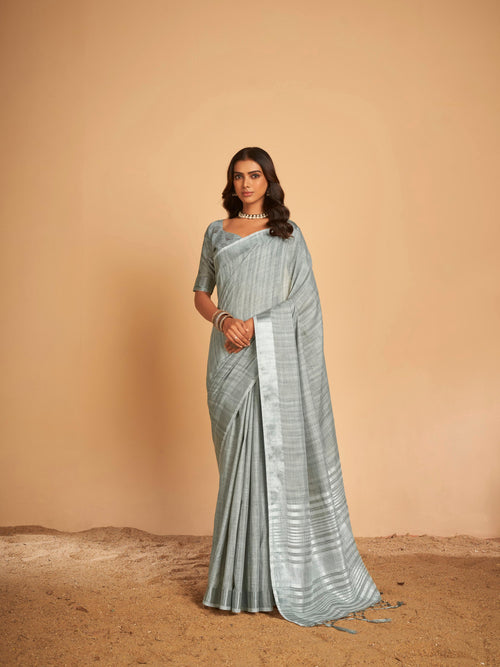 Dista Elora Grey Soft Linen Solid Foil Printed Designer Casual Saree