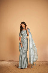 Dista Elora Grey Soft Linen Solid Foil Printed Designer Casual Saree, view 2