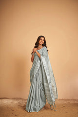 Dista Elora Grey Soft Linen Solid Foil Printed Designer Casual Saree, view 3