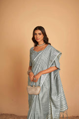 Dista Elora Grey Soft Linen Solid Foil Printed Designer Casual Saree, view 4