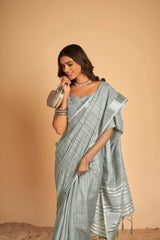 Dista Elora Grey Soft Linen Solid Foil Printed Designer Casual Saree, view 5