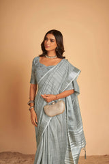 Dista Elora Grey Soft Linen Solid Foil Printed Designer Casual Saree, view 6