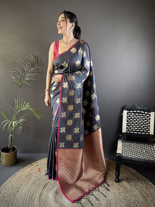 Dista Elora Grey Soft Silk Elephant Motifs Banarasi Saree