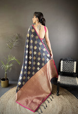 Dista Elora Grey Soft Silk Elephant Motifs Banarasi Saree, view 3