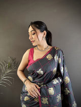 Dista Elora Grey Soft Silk Elephant Motifs Banarasi Saree, view 4