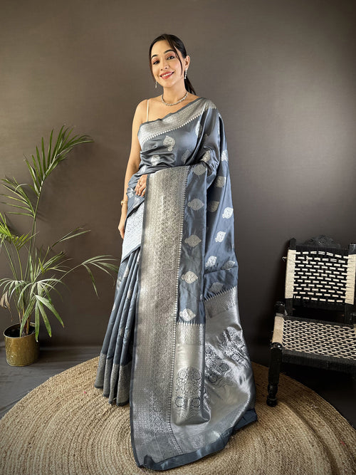 Dista Elora Grey Soft Silk Floral Motifs Banarasi Saree
