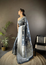 Dista Elora Grey Soft Silk Floral Motifs Banarasi Saree, view 2