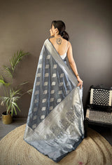 Dista Elora Grey Soft Silk Floral Motifs Banarasi Saree, view 3