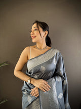 Dista Elora Grey Soft Silk Floral Motifs Banarasi Saree, view 4