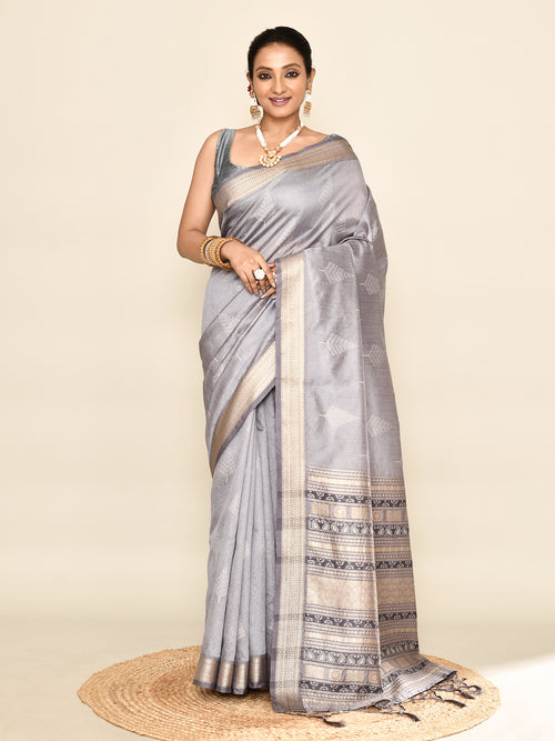 Dista Elora Grey Soft Silk leaf Printed Baluchari Weaving Saree