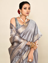 Dista Elora Grey Soft Silk leaf Printed Baluchari Weaving Saree, view 2