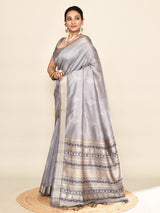 Dista Elora Grey Soft Silk leaf Printed Baluchari Weaving Saree, view 3