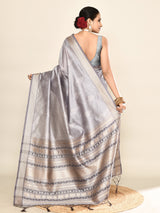 Dista Elora Grey Soft Silk leaf Printed Baluchari Weaving Saree, view 4
