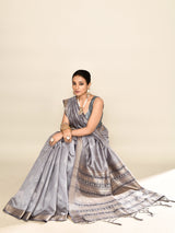 Dista Elora Grey Soft Silk leaf Printed Baluchari Weaving Saree, view 5