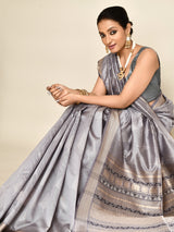Dista Elora Grey Soft Silk leaf Printed Baluchari Weaving Saree, view 6
