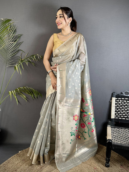 Dista Elora Grey Tissue Parrot & Floral Woven Design Paithani Saree