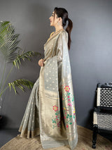 Dista Elora Grey Tissue Parrot & Floral Woven Design Paithani Saree, view 2