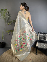 Dista Elora Grey Tissue Parrot & Floral Woven Design Paithani Saree, view 3