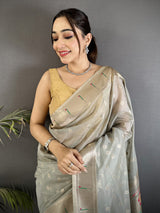 Dista Elora Grey Tissue Parrot & Floral Woven Design Paithani Saree, view 4