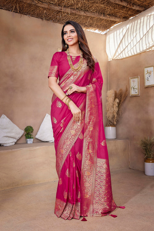 Dista Elora Hot Pink Butta Zari Jacquard Silk Blend Paithani Saree