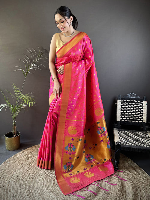 Dista Elora Hot Pink Lichi Silk Peacock & Floral Motis Zari Weaving Paithani Saree