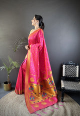 Dista Elora Hot Pink Lichi Silk Peacock & Floral Motis Zari Weaving Paithani Saree, view 2