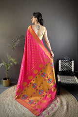 Dista Elora Hot Pink Lichi Silk Peacock & Floral Motis Zari Weaving Paithani Saree, view 3