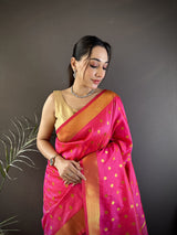 Dista Elora Hot Pink Lichi Silk Peacock & Floral Motis Zari Weaving Paithani Saree, view 4