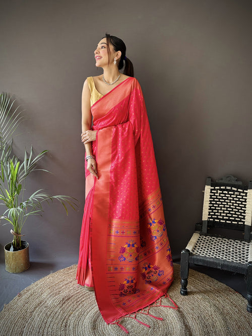 Dista Elora Hot Pink Soft Lichi Silk Jacquard Butti Zari Weaving Paithani Saree