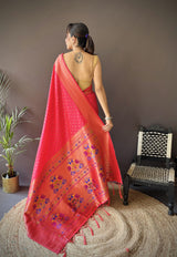 Dista Elora Hot Pink Soft Lichi Silk Jacquard Butti Zari Weaving Paithani Saree, view 2