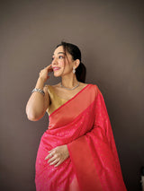 Dista Elora Hot Pink Soft Lichi Silk Jacquard Butti Zari Weaving Paithani Saree, view 3