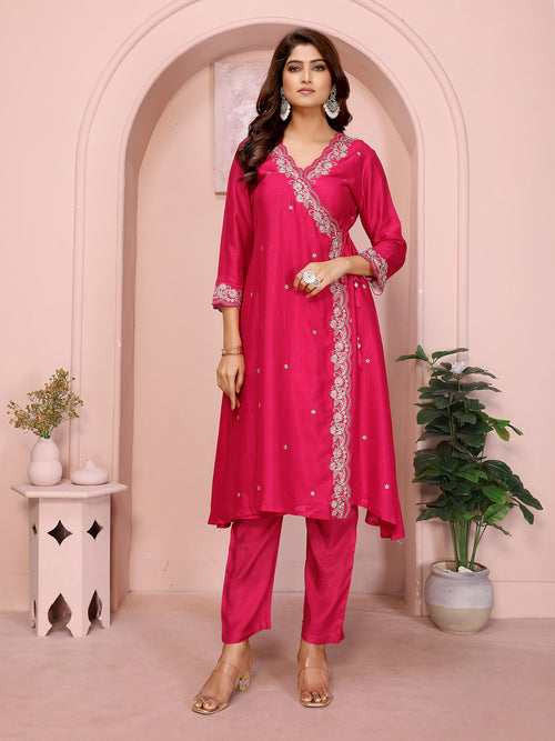Dista Elora Hot Pink Vichitra Silk Floral Embroidery Angrakha V Neckline Kurta Set