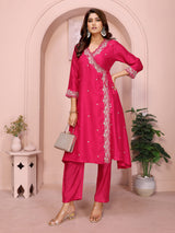 Dista Elora Hot Pink Vichitra Silk Floral Embroidery Angrakha V Neckline Kurta Set, view 2