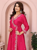 Dista Elora Hot Pink Vichitra Silk Floral Embroidery Angrakha V Neckline Kurta Set, view 3