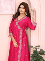 Dista Elora Hot Pink Vichitra Silk Floral Embroidery Angrakha V Neckline Kurta Set, view 4