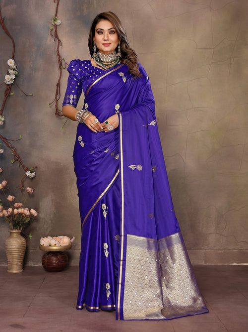 Dista Elora Indigo Blue Satin Silk Floral & Botanical Motifs Zari Woven Banarasi Saree