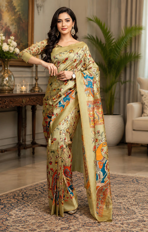 Dista Elora Ivory Chanderi Cotton Kalamkari Printed Ready To Wear Saree