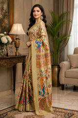 Dista Elora Ivory Chanderi Cotton Kalamkari Printed Ready To Wear Saree, view 3