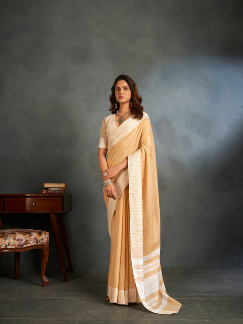 Dista Elora Ivory Soft Linen Silk Office Wear Saree With Chikankari Weaved Border