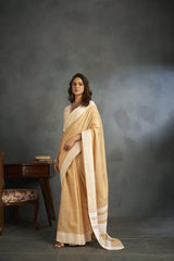 Dista Elora Ivory Soft Linen Silk Office Wear Saree With Chikankari Weaved Border, view 2