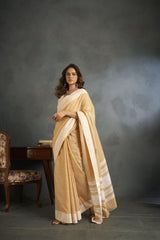 Dista Elora Ivory Soft Linen Silk Office Wear Saree With Chikankari Weaved Border, view 3