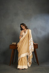 Dista Elora Ivory Soft Linen Silk Office Wear Saree With Chikankari Weaved Border, view 4