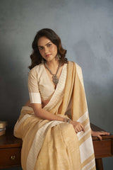 Dista Elora Ivory Soft Linen Silk Office Wear Saree With Chikankari Weaved Border, view 5